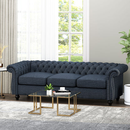 Marineblaues Chesterfield 84.75 3-Sitzer-Sofa mit Knopfheftung, Nagelköpfen und Holzbeinen
