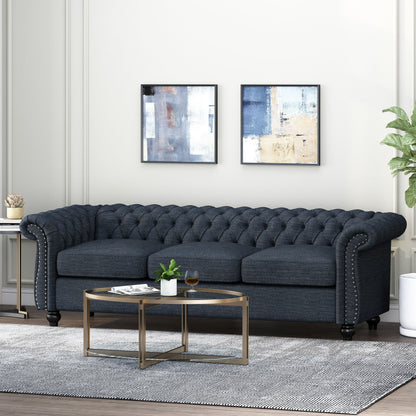 Marineblaues Chesterfield 84.75 3-Sitzer-Sofa mit Knopfheftung, Nagelköpfen und Holzbeinen