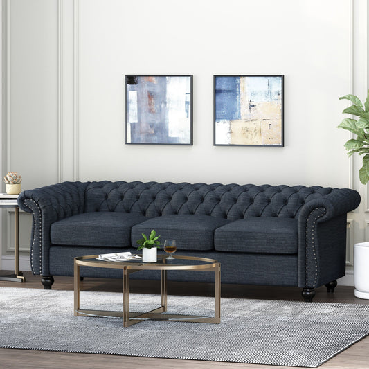 Navy Blue Chesterfield Button Tufted 3-seater Sofa with Nailheads
