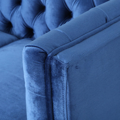 Marineblaues Loveseat-Sofa mit Knopfheftung und Holzbeinen