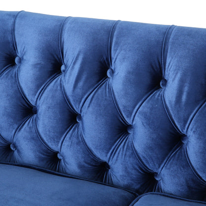 Marineblaues Loveseat-Sofa mit Knopfheftung und Holzbeinen