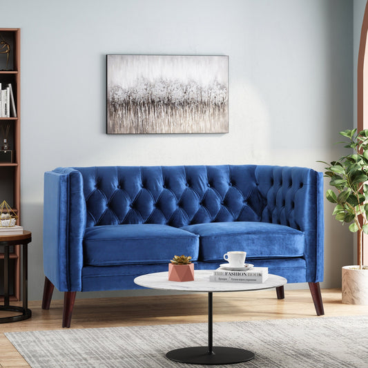 Marineblaues, modernes 53,5-Sofa mit Knopfheftung und Holzbeinen für das Wohnzimmer
