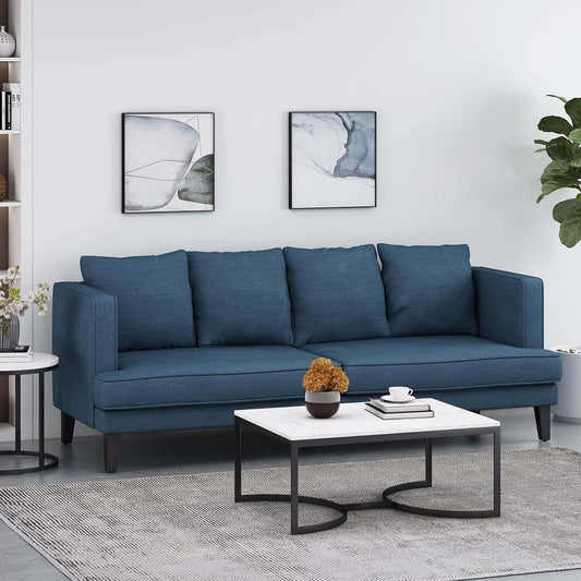 Navy Blue Modern 86 3-seater Sofa with Wood Legs and Tufted Back for Living Room