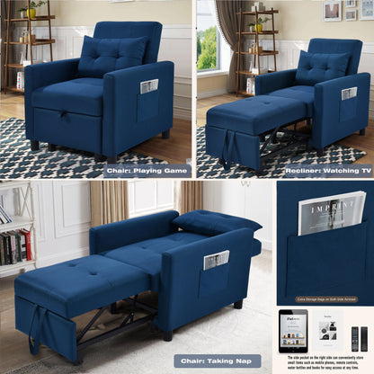 Navy Modern 27.5 3 in 1 Single Convertible Sofa Bed with Adjustable Back and Pillow for Living Room