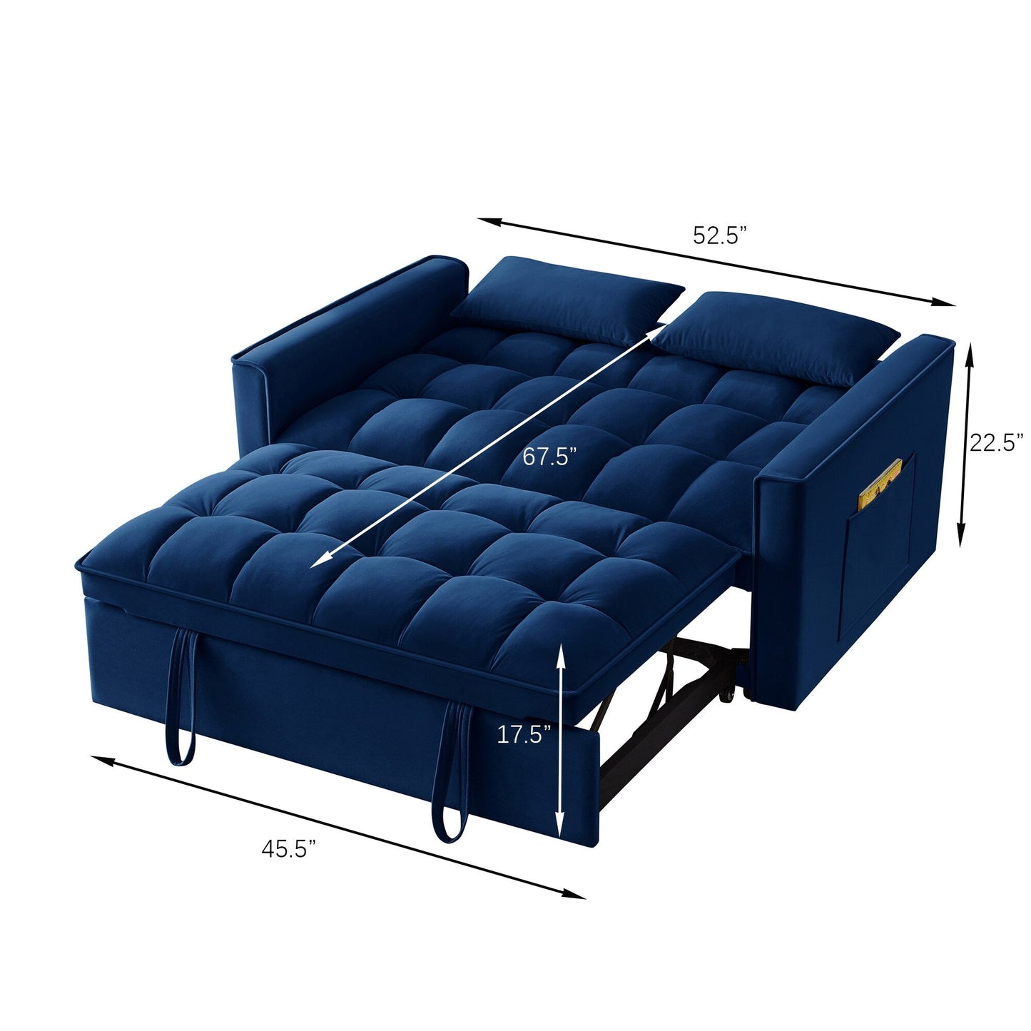 Navy Modern 52.5 Velvet 4 in1 Loveseat Multi-Function Tufted Pull-Out Sofa Bed with Adjustable Backrest and Pillows