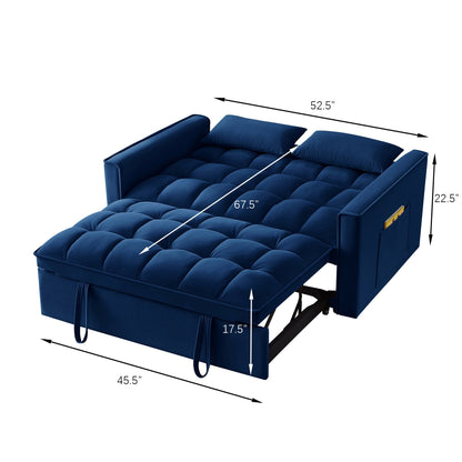 Navy Modern 52.5 Velvet 4 in1 Loveseat Multi-Function Tufted Pull-Out Sofa Bed with Adjustable Backrest and Pillows