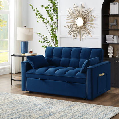 Navy Modern 52.5 Velvet 4 in1 Loveseat Multi-Function Tufted Pull-Out Sofa Bed with Adjustable Backrest and Pillows