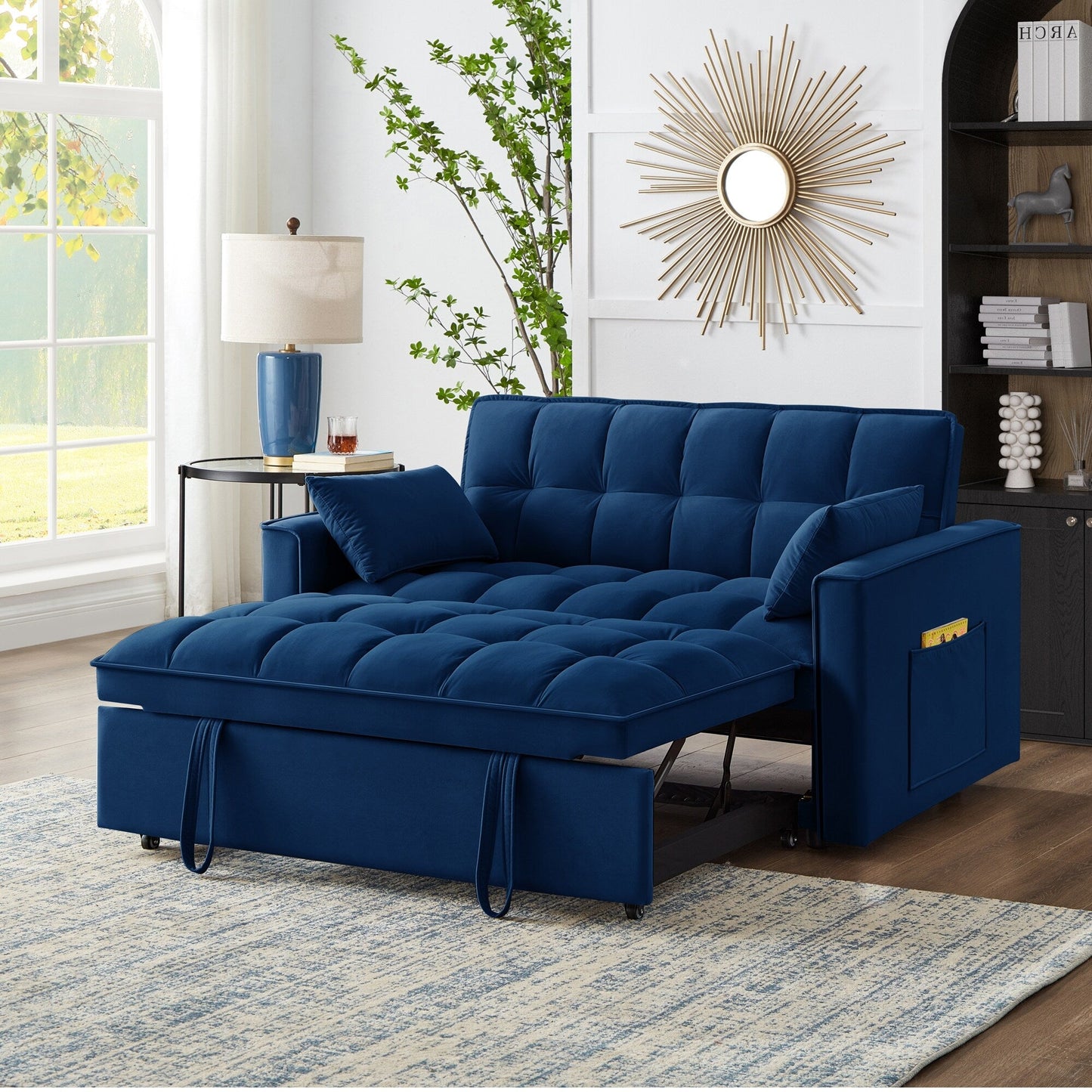 Navy Modern 52.5 Velvet 4 in1 Loveseat Multi-Function Tufted Pull-Out Sofa Bed with Adjustable Backrest and Pillows