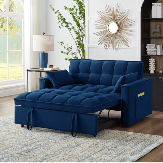 Navy Modern 52.5 Velvet 4 in1 Loveseat Multi-Function Tufted Pull-Out Sofa Bed with Adjustable Backrest and Pillows