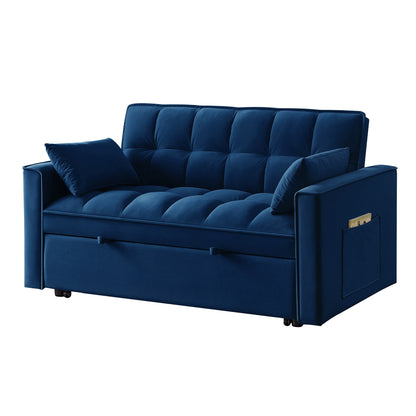 Navy Modern 52.5 Velvet 4 in1 Loveseat Multi-Function Tufted Pull-Out Sofa Bed with Adjustable Backrest and Pillows