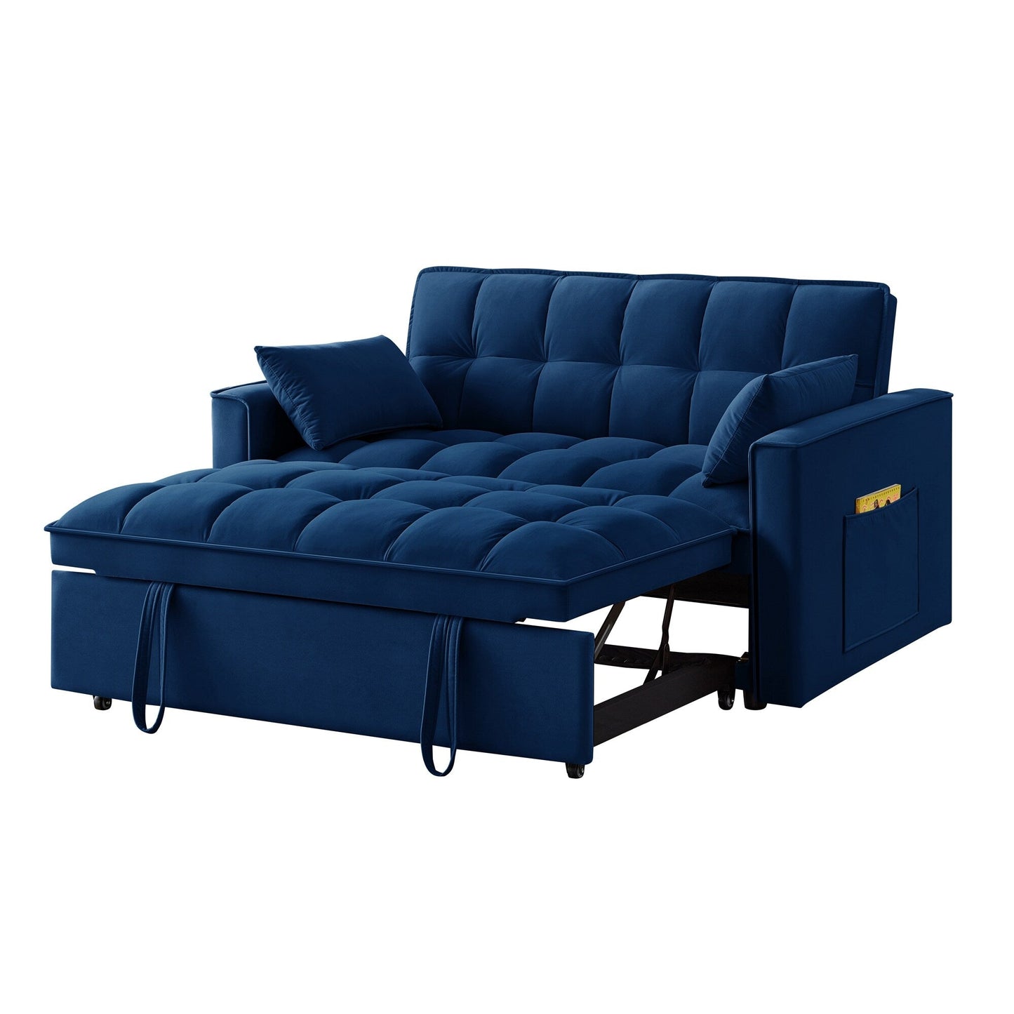 Navy Modern 52.5 Velvet 4 in1 Loveseat Multi-Function Tufted Pull-Out Sofa Bed with Adjustable Backrest and Pillows