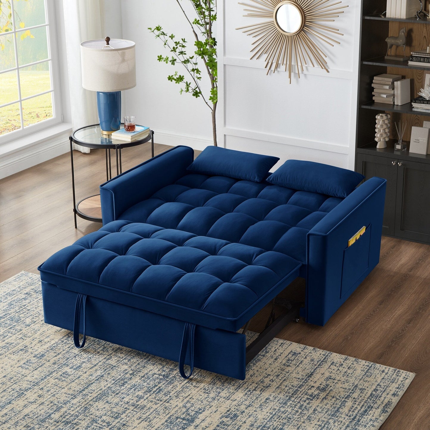 Navy Modern 52.5 Velvet 4 in1 Loveseat Multi-Function Tufted Pull-Out Sofa Bed with Adjustable Backrest and Pillows