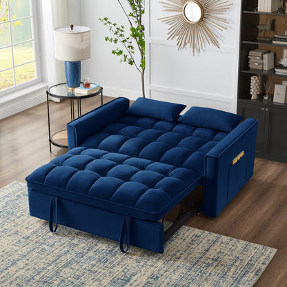 Navy Modern 52.5 Velvet 4 in1 Loveseat Multi-Function Tufted Pull-Out Sofa Bed with Adjustable Backrest and Pillows