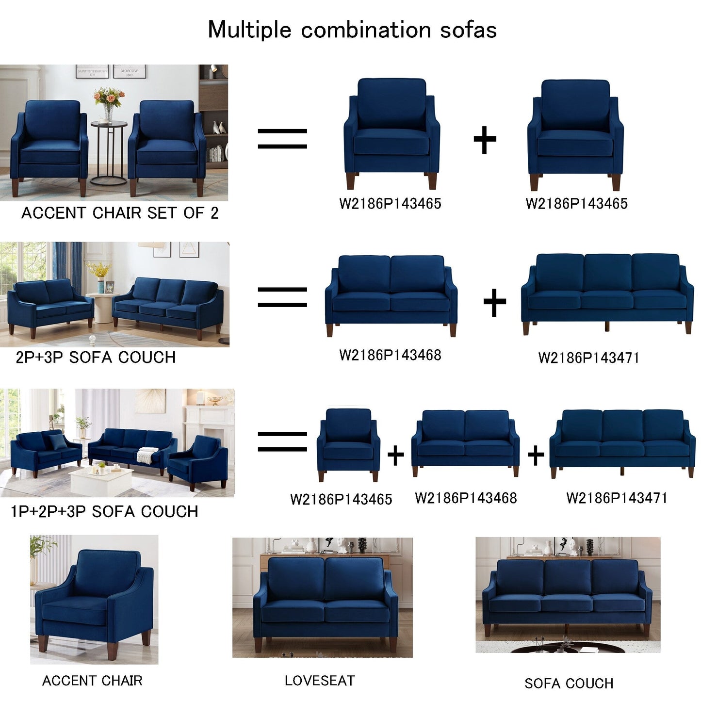 Navy Modern 74 Velvet 3-seater Upholstered Sofa with Scooped Armrest and Removable Cushions for Living Room