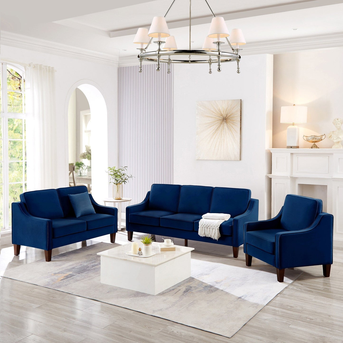 Navy Modern 74 Velvet 3-seater Upholstered Sofa with Scooped Armrest and Removable Cushions for Living Room