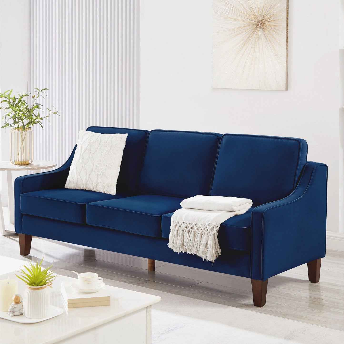 Navy Modern 74 Velvet 3-seater Upholstered Sofa with Scooped Armrest and Removable Cushions for Living Room