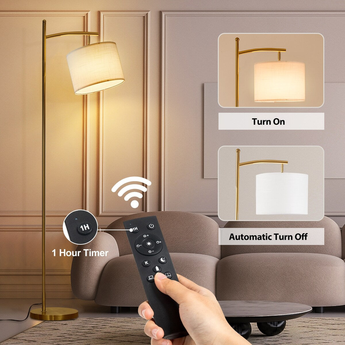 Dimmbare LED-Stehlampe „Netin 66“ mit gewölbter Form und Fernbedienung – N/A