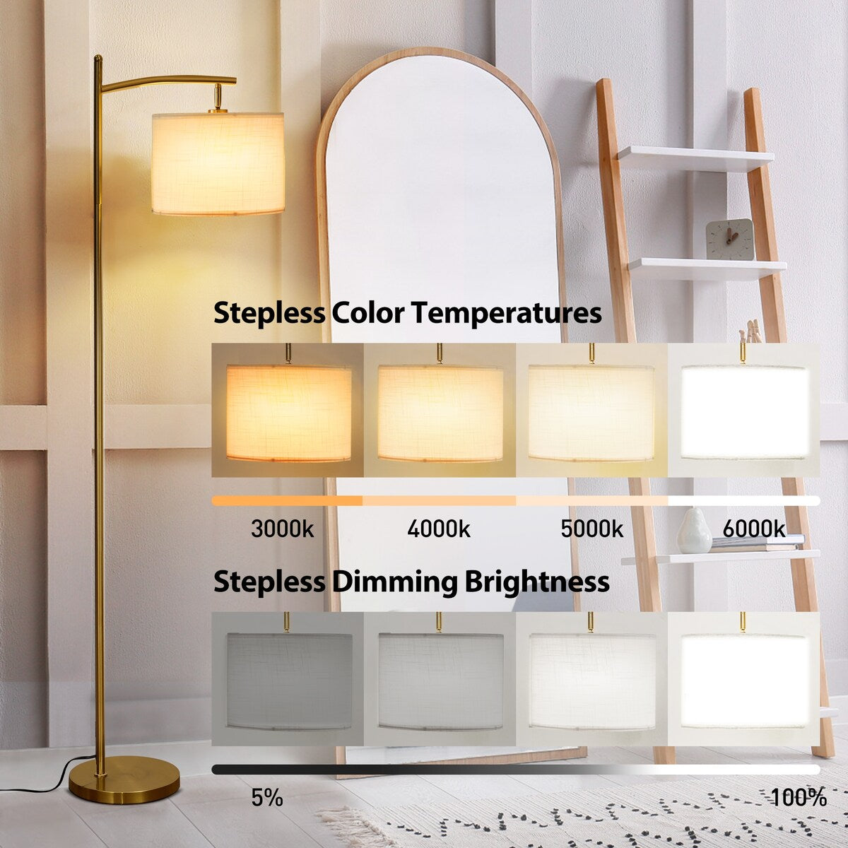 Dimmbare LED-Stehlampe „Netin 66“ mit gewölbter Form und Fernbedienung – N/A