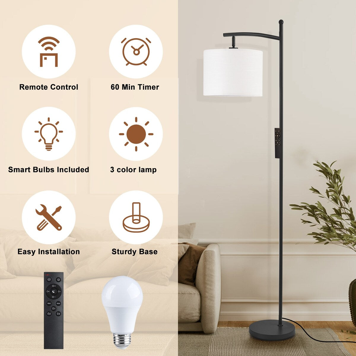 Dimmbare LED-Stehlampe „Netin 66“ mit gewölbter Form und Fernbedienung – N/A