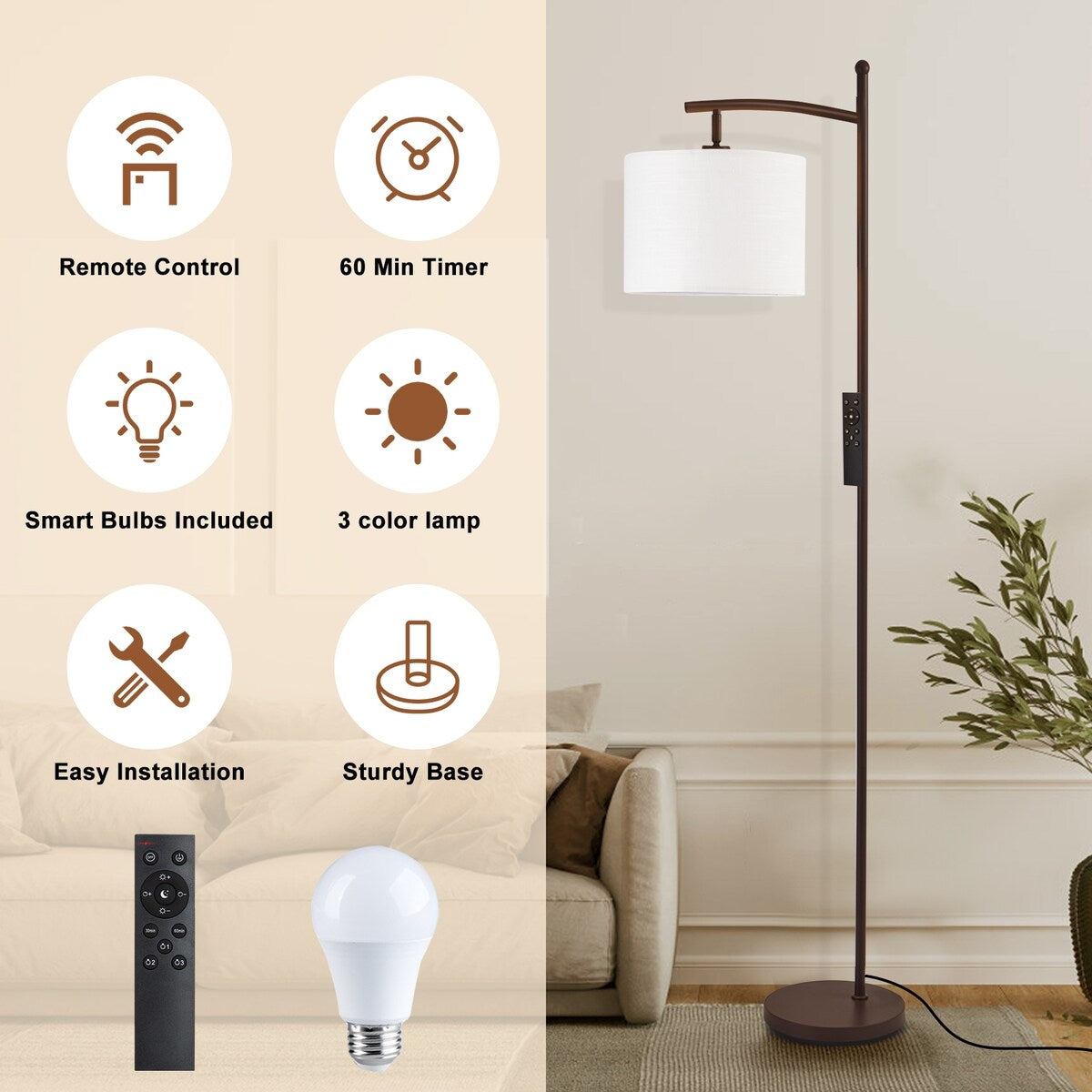 Dimmbare LED-Stehlampe „Netin 66“ mit gewölbter Form und Fernbedienung – N/A
