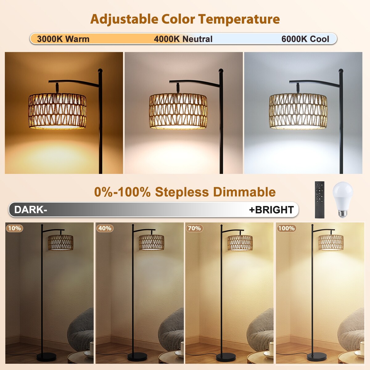Dimmbare LED-Stehlampe „Netin 66“ mit gewölbter Form und Fernbedienung – N/A