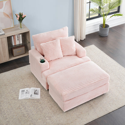 Pink Corduroy Armchair Sofa with Ottoman and Cup Holder