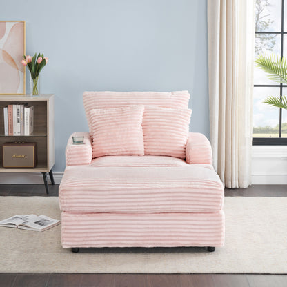 Pink Corduroy Armchair Sofa with Ottoman and Cup Holder