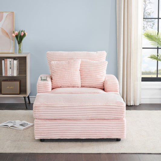 Pink Corduroy Armchair Sofa with Ottoman and Cup Holder