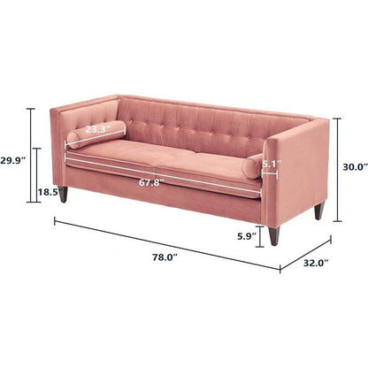 Rosa Mid-Century Modern 78 Samt-Loveseat-Sofa mit Knopfheftung, Nackenrollen und Holzbeinen für das Wohnzimmer