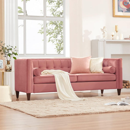 Rosa Mid-Century Modern 78 Samt-Loveseat-Sofa mit Knopfheftung, Nackenrollen und Holzbeinen für das Wohnzimmer