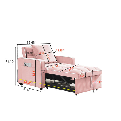 Pink Modern 35.43 3 in 1 Single Velvet Sofa Bed with Adjustable Back and Pocket for Living Room