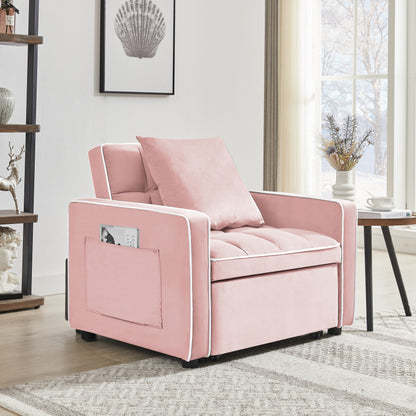 Pink Modern 35.43 3 in 1 Single Velvet Sofa Bed with Adjustable Back and Pocket for Living Room