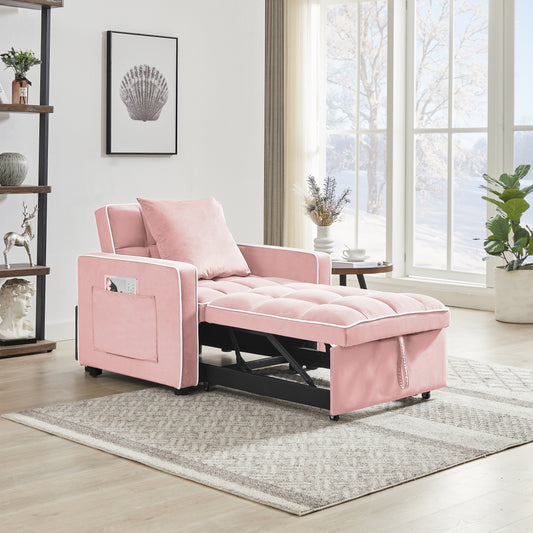 Pink Modern 35.43 3 in 1 Single Velvet Sofa Bed with Adjustable Back and Pocket for Living Room