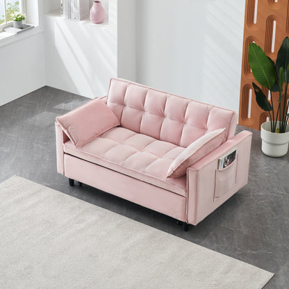 Pink Modern 54.3 Velvet Loveseat Pull-out Sofa Bed with Adjustable Back and Pillows for Living Room