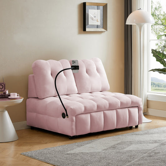 Pink Modern 74 Velvet Loveseat Removable Backrest Pull-Out Sofa Bed with USB Port and Swivel Phone Stand