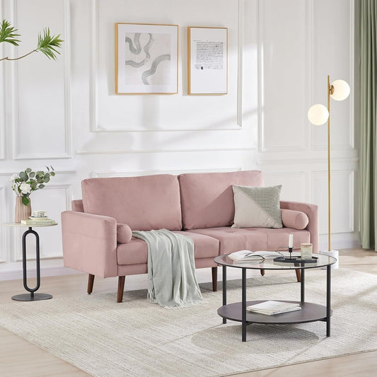 Pink Modern 74'' Fabric 3-Seater Sofa with Storage Pockets, High-Density Foam, and Wooden Legs