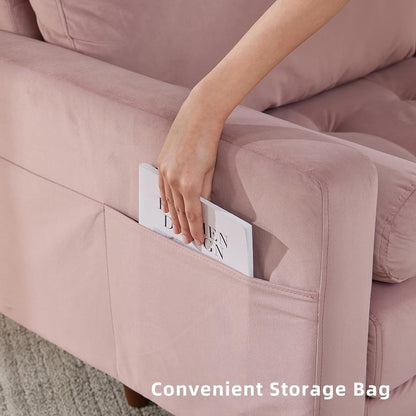 Pink Modern 74'' Fabric 3-Seater Sofa with Storage Pockets, High-Density Foam, and Wooden Legs
