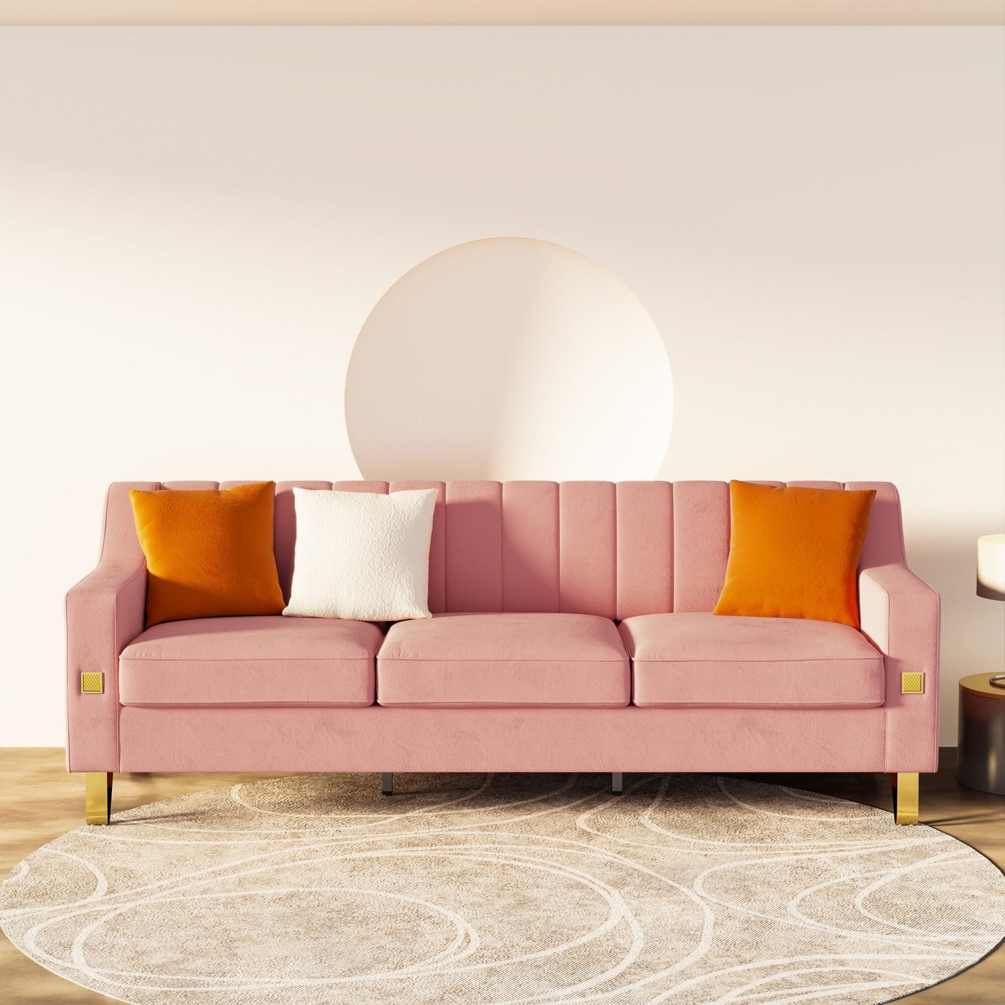 Modernes 3-Sitzer-Sofa aus Samt in Rosa, 81,89, mit goldenen Akzenten und Plüschkissen für das Wohnzimmer