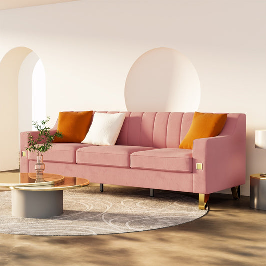 Modernes 3-Sitzer-Sofa aus Samt in Rosa, 81,89, mit goldenen Akzenten und Plüschkissen für das Wohnzimmer