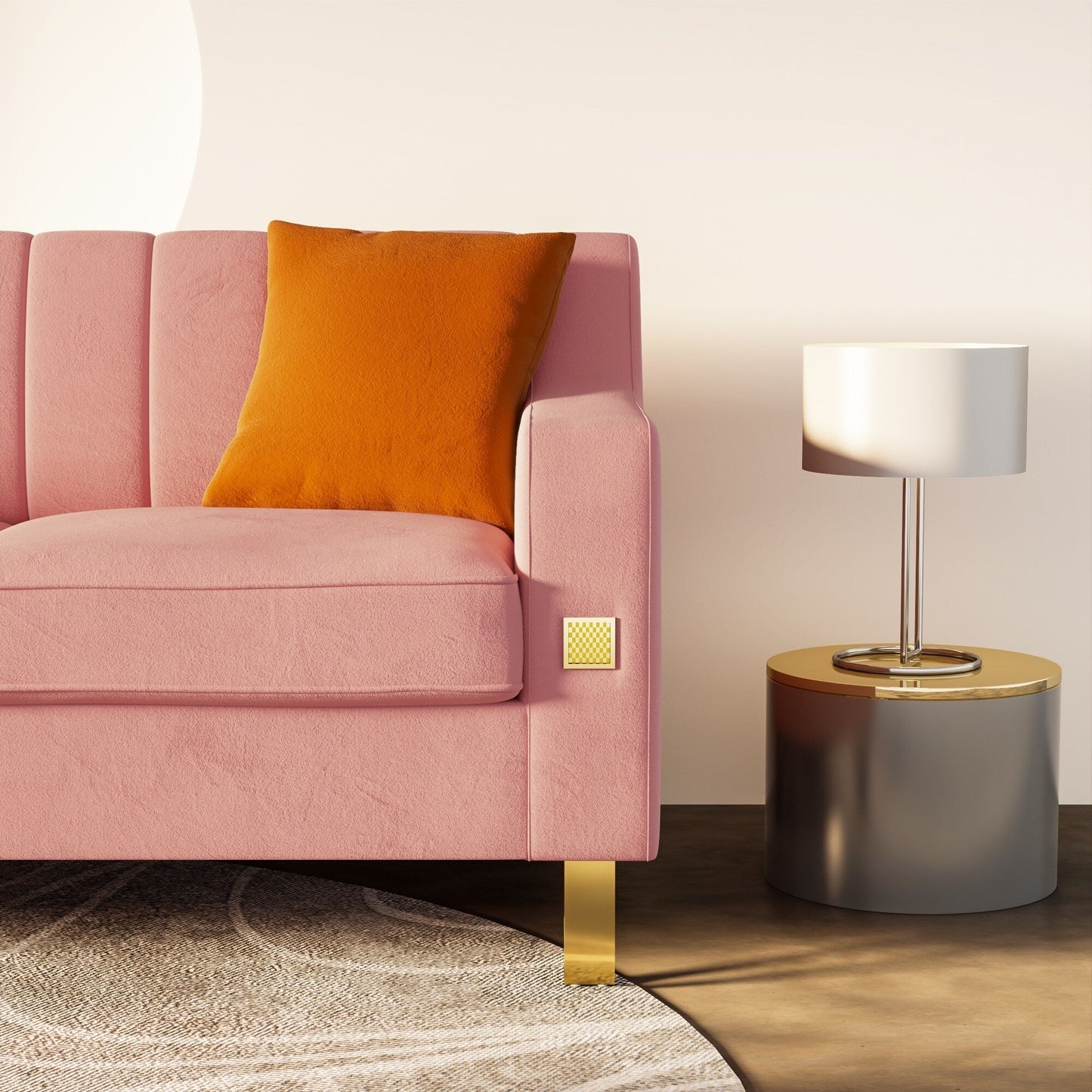 Modernes 3-Sitzer-Sofa aus Samt in Rosa, 81,89, mit goldenen Akzenten und Plüschkissen für das Wohnzimmer