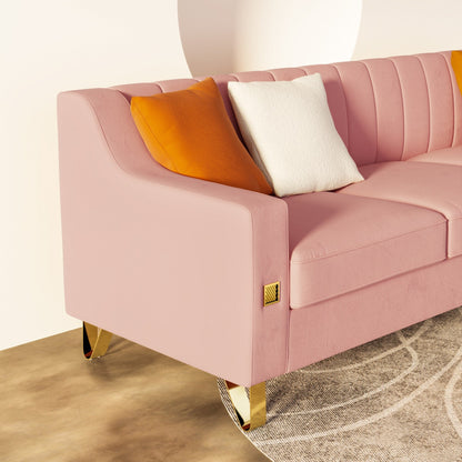 Modernes 3-Sitzer-Sofa aus Samt in Rosa, 81,89, mit goldenen Akzenten und Plüschkissen für das Wohnzimmer
