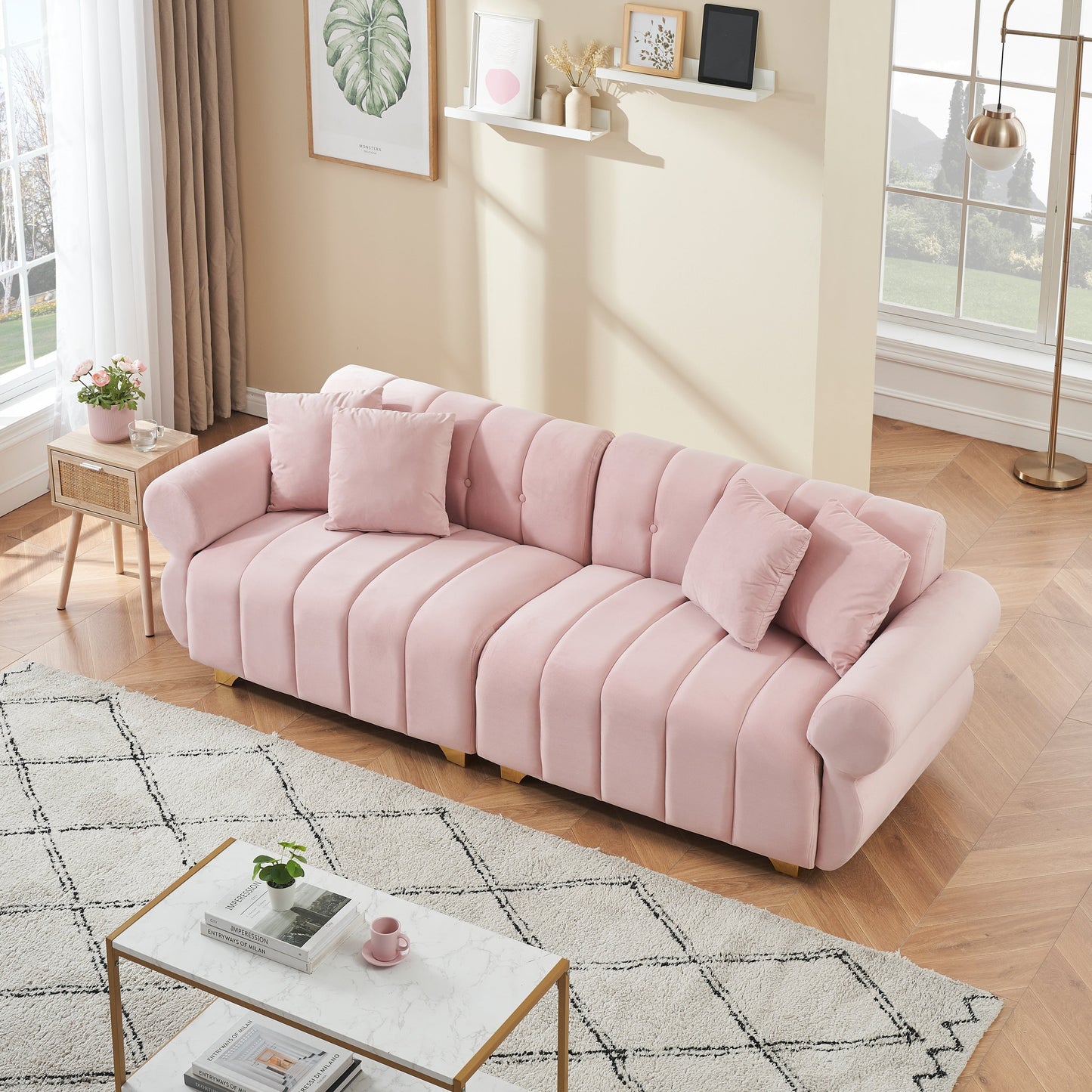Pink Modern 89 Velvet 3-seater Sofa with Spring-Wrapped Cushions and Metal Feet for Living Room