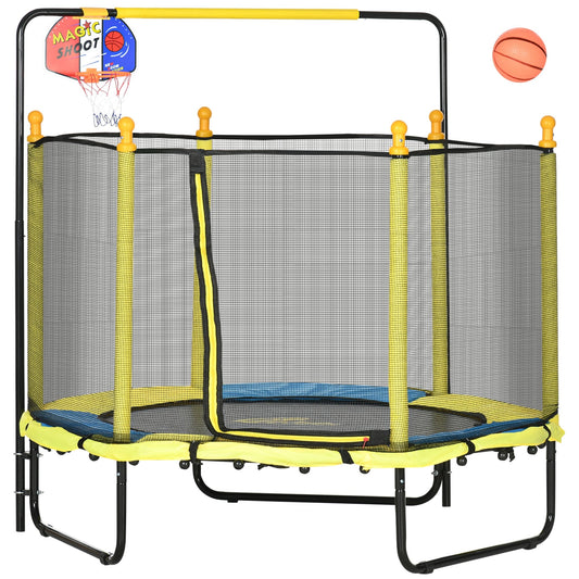 Qaba 4,6' Kindertrampolin mit Basketballkorb, Reckstange, 55 Indoor-Trampolin mit Netz