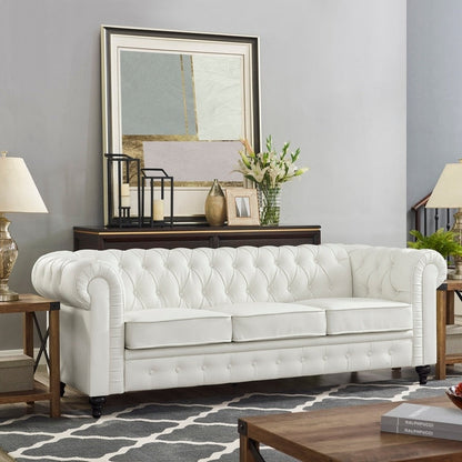 Stylish Sofa Combo: Chesterfield Sofa with Rolled Arms and Button Tufted Flared Arms Microfiber Couch for Small Spaces