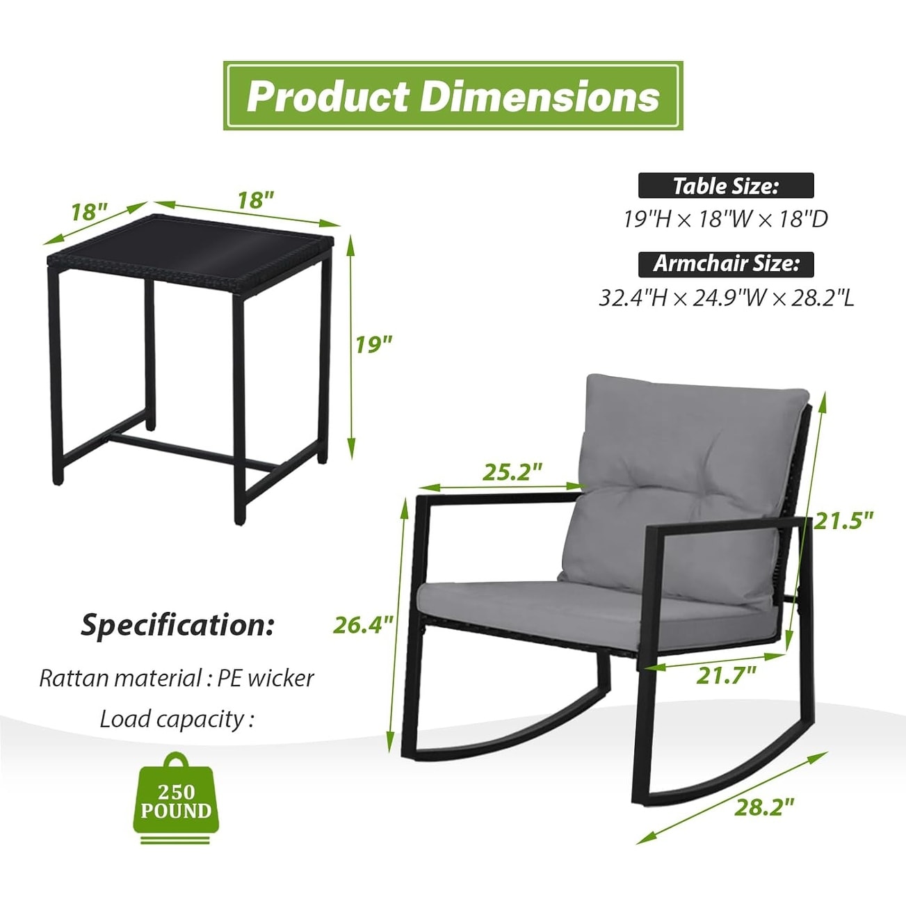 SUNCROWN 3-teiliges Schaukel-Bistro-Set aus schwarzem Metall für die Terrasse