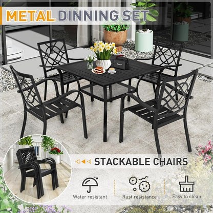 SUNCROWN 5/7-teiliges Esstisch-Set aus Stahl für den Außenbereich, Tisch mit Metalllatten und stapelbaren Stühlen, pulverbeschichteter Rahmen