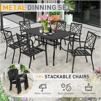 SUNCROWN 5/7-teiliges Esstisch-Set aus Stahl für den Außenbereich, Tisch mit Metalllatten und stapelbaren Stühlen, pulverbeschichteter Rahmen