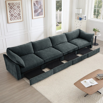 Super Large Wide & Deep Seat 4-Seater Sofa Couch with Storage Pull Out Drawer Under Each Seat