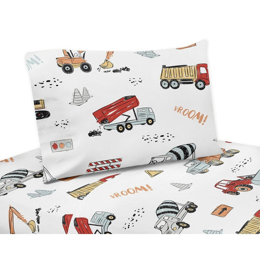 Sweet Jojo Designs Construction Truck Collection 3-teiliges Twin-Bettlaken-Set – Grau, Gelb, Orange, Rot und Blau, Transport