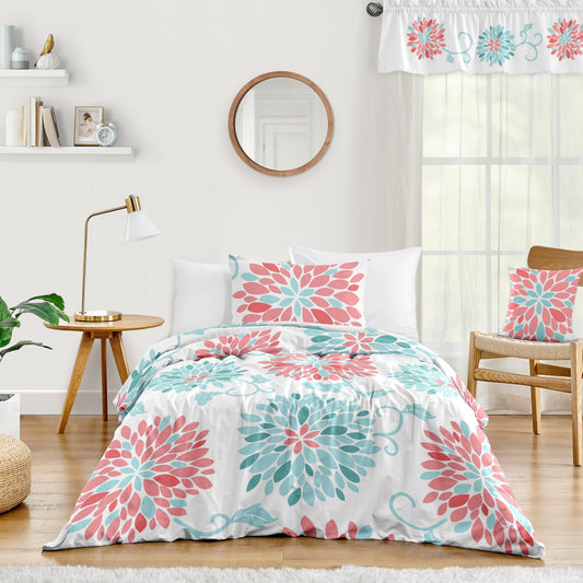 Sweet Jojo Designs Emma Girl Twin 2-teiliges Bettdecken-Set – Koralle und Türkisblau, Blumenmuster, Blüten, Shabby Chic, elegant